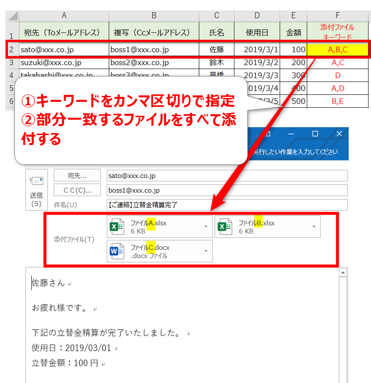 ExcelシートからOutlookの下書きメールを一括作成する（複数キーワード指定）